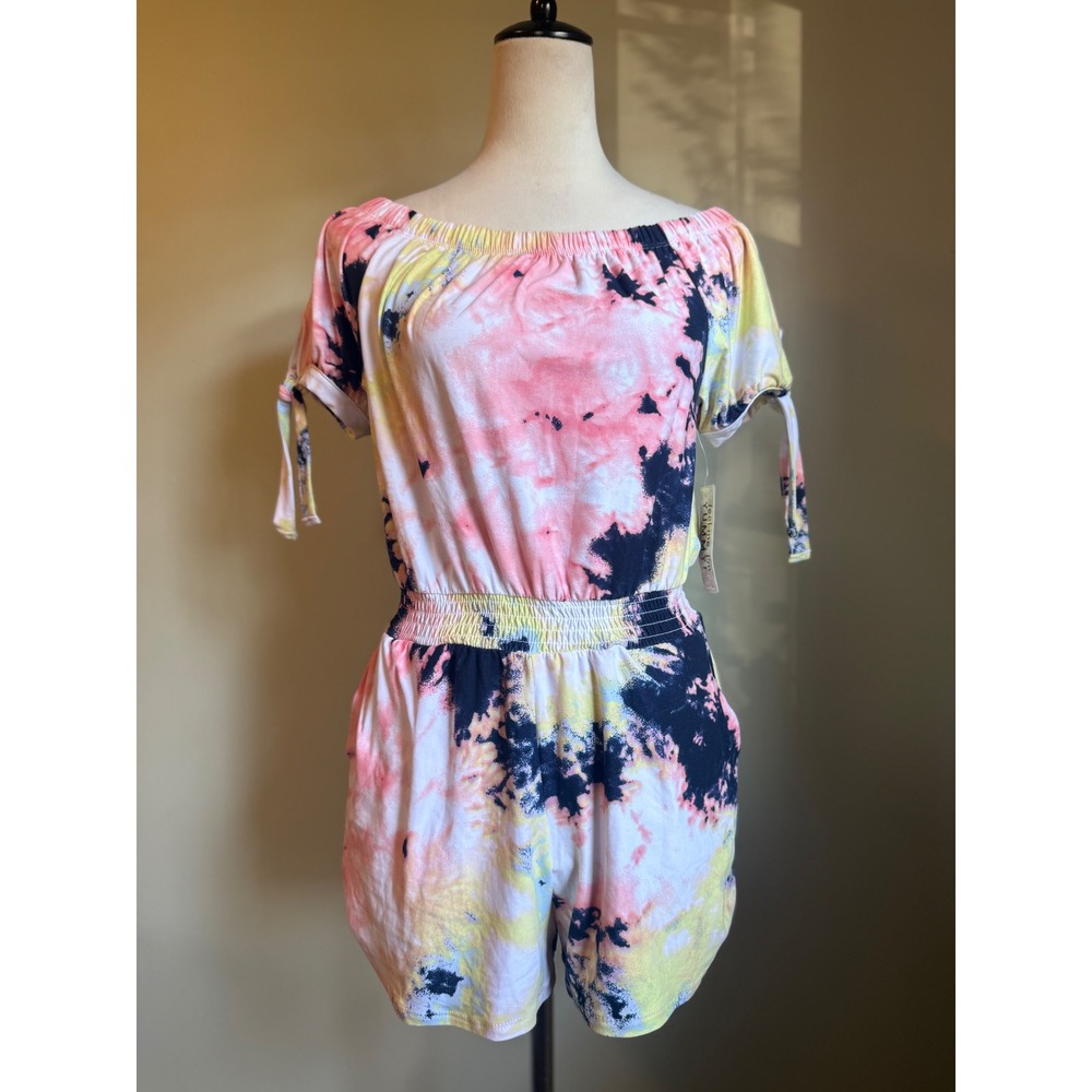 Boho Y2K fairy Tie Dye‎ Off Shoulder Romper Jumpsuit L Pink Yellow Blue hippy